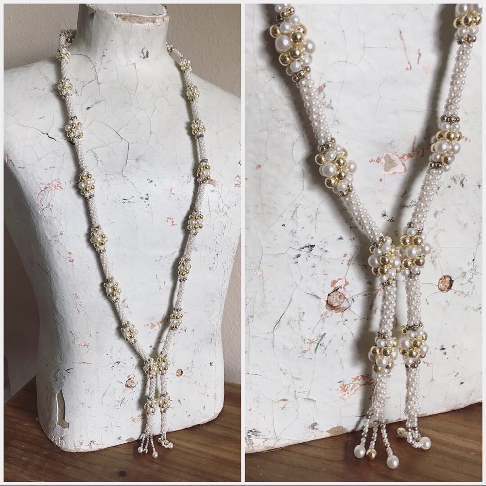 Vintage FLAPPER 20s Style Faux Pearl & Gold Tone Rope Necklace